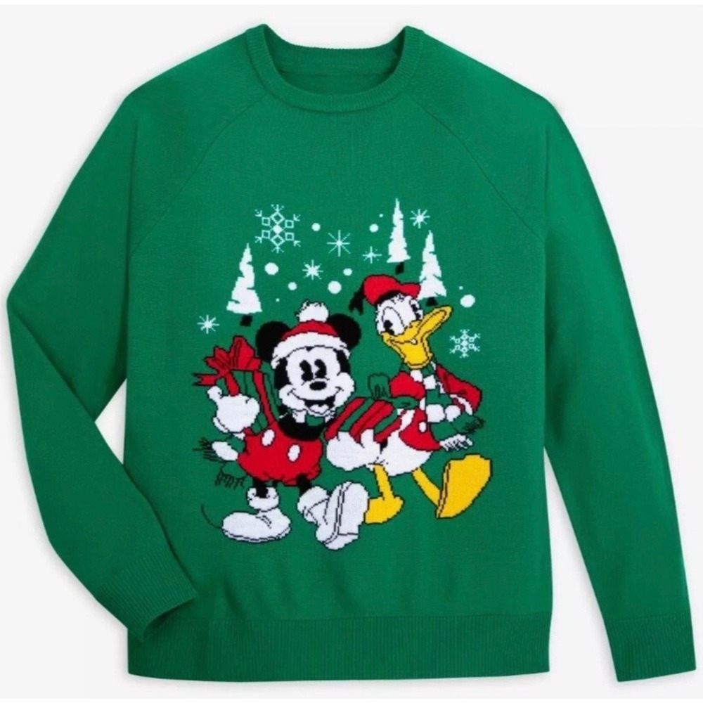 Disney Mickey Mouse Donald Duck Christmas Sweater Green Holiday Pullover Womens